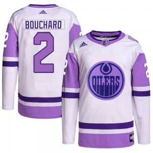 Authentic Adidas Youth Evan Bouchard White/Purple Hockey Fights Cancer Primegreen Jersey - NHL Edmonton Oilers