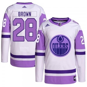 Authentic Adidas Youth Connor Brown White/Purple Hockey Fights Cancer Primegreen Jersey - NHL Edmonton Oilers