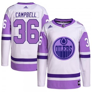 Authentic Adidas Youth Jack Campbell White/Purple Hockey Fights Cancer Primegreen Jersey - NHL Edmonton Oilers