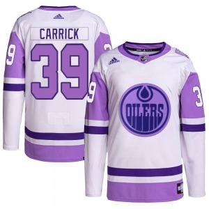 Authentic Adidas Youth Sam Carrick White/Purple Hockey Fights Cancer Primegreen Jersey - NHL Edmonton Oilers