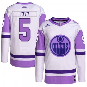 Authentic Adidas Youth Cody Ceci White/Purple Hockey Fights Cancer Primegreen Jersey - NHL Edmonton Oilers