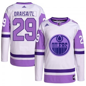 Authentic Adidas Youth Leon Draisaitl White/Purple Hockey Fights Cancer Primegreen Jersey - NHL Edmonton Oilers