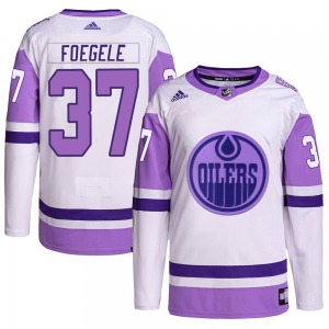 Authentic Adidas Youth Warren Foegele White/Purple Hockey Fights Cancer Primegreen Jersey - NHL Edmonton Oilers