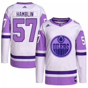 Authentic Adidas Youth James Hamblin White/Purple Hockey Fights Cancer Primegreen Jersey - NHL Edmonton Oilers