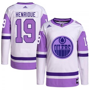 Authentic Adidas Youth Adam Henrique White/Purple Hockey Fights Cancer Primegreen Jersey - NHL Edmonton Oilers