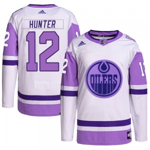 Authentic Adidas Youth Dave Hunter White/Purple Hockey Fights Cancer Primegreen Jersey - NHL Edmonton Oilers