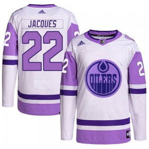 Authentic Adidas Youth Jean-Francois Jacques White/Purple Hockey Fights Cancer Primegreen Jersey - NHL Edmonton Oilers