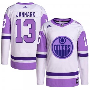 Authentic Adidas Youth Mattias Janmark White/Purple Hockey Fights Cancer Primegreen Jersey - NHL Edmonton Oilers