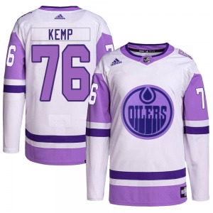 Authentic Adidas Youth Philip Kemp White/Purple Hockey Fights Cancer Primegreen Jersey - NHL Edmonton Oilers