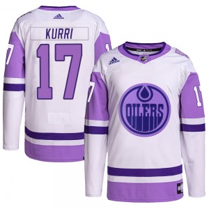 Authentic Adidas Youth Jari Kurri White/Purple Hockey Fights Cancer Primegreen Jersey - NHL Edmonton Oilers