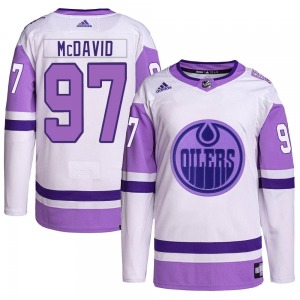 Authentic Adidas Youth Connor McDavid White/Purple Hockey Fights Cancer Primegreen Jersey - NHL Edmonton Oilers
