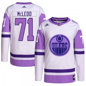 Authentic Adidas Youth Ryan McLeod White/Purple Hockey Fights Cancer Primegreen Jersey - NHL Edmonton Oilers