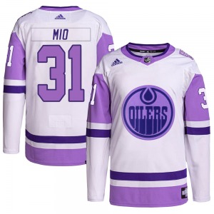 Authentic Adidas Youth Eddie Mio White/Purple Hockey Fights Cancer Primegreen Jersey - NHL Edmonton Oilers