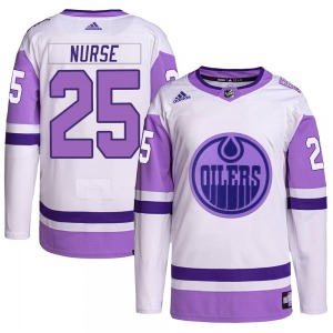 Authentic Adidas Youth Darnell Nurse White/Purple Hockey Fights Cancer Primegreen Jersey - NHL Edmonton Oilers