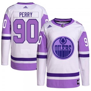 Authentic Adidas Youth Corey Perry White/Purple Hockey Fights Cancer Primegreen Jersey - NHL Edmonton Oilers