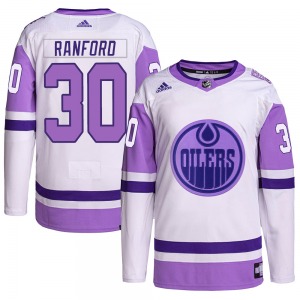 Authentic Adidas Youth Bill Ranford White/Purple Hockey Fights Cancer Primegreen Jersey - NHL Edmonton Oilers