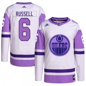 Authentic Adidas Youth Kris Russell White/Purple Hockey Fights Cancer Primegreen Jersey - NHL Edmonton Oilers