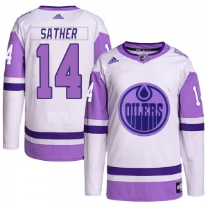 Authentic Adidas Youth Glen Sather White/Purple Hockey Fights Cancer Primegreen Jersey - NHL Edmonton Oilers