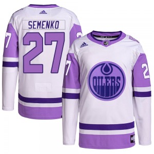 Authentic Adidas Youth Dave Semenko White/Purple Hockey Fights Cancer Primegreen Jersey - NHL Edmonton Oilers