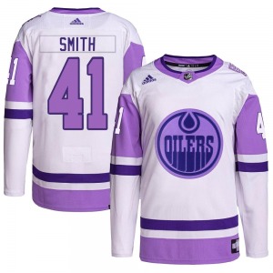 Authentic Adidas Youth Mike Smith White/Purple Hockey Fights Cancer Primegreen Jersey - NHL Edmonton Oilers