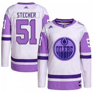 Authentic Adidas Youth Troy Stecher White/Purple Hockey Fights Cancer Primegreen Jersey - NHL Edmonton Oilers