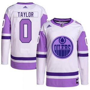 Authentic Adidas Youth Ty Taylor White/Purple Hockey Fights Cancer Primegreen Jersey - NHL Edmonton Oilers