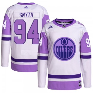Authentic Adidas Youth Ryan Smyth White/Purple Hockey Fights Cancer Primegreen Jersey - NHL Edmonton Oilers
