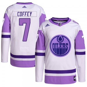 Authentic Adidas Adult Paul Coffey White/Purple Hockey Fights Cancer Primegreen Jersey - NHL Edmonton Oilers