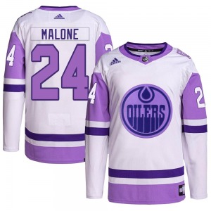 Authentic Adidas Adult Brad Malone White/Purple Hockey Fights Cancer Primegreen Jersey - NHL Edmonton Oilers